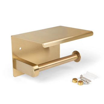 De Nando Gold WC set van yessential.nl is een goudkleurige wandhouder met plat rekje, inclusief schroeven, pluggen en bijpassende gouden afdekkapjes. Een stijlvolle toevoeging aan je toiletaccessoires.