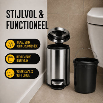 Chrome prullenbak met uitneembare binnenbak in een toilet