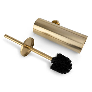 De Xavo Gold WC set van yessential.nl, met een goudkleurige toiletborstel en bijpassende houder in een modern design, straalt stijl uit dankzij de metallic afwerking. Afgebeeld op een witte achtergrond.