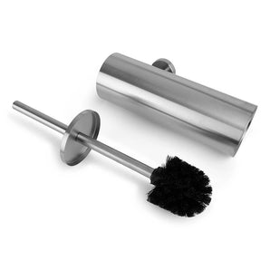 De Xavo RVS WC-set van yessential.nl bestaat uit een roestvrijstalen toiletborstel met een zwarte borstelkop en metalen handvat, plus een slanke cilindrische houder, allemaal in een modern design.