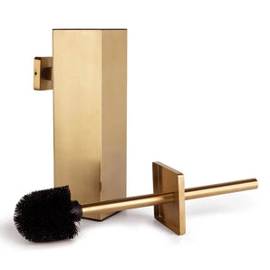 De Alessino Gold wc-borstel en houder van yessential.nl, met goudkleurig design en zwart borstelhoofd, stijlvol gepresenteerd op een witte achtergrond.