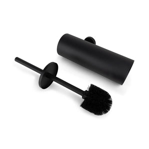 De Santino Black toiletset van yessential.nl bestaat uit een zwarte toiletborstel met een cilindervormige matzwarte houder, elegant weergegeven op een wit oppervlak - een ideale toevoeging aan je badkameraccessoires en perfect voor elke toiletset zwart.
