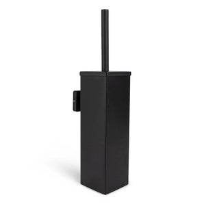 De Damiano Black Set van yessential.nl bestaat uit een strakke zwarte rechthoekige toiletborstelhouder met een lang handvat en zijbevestiging, rechtopstaand op een witte achtergrond.