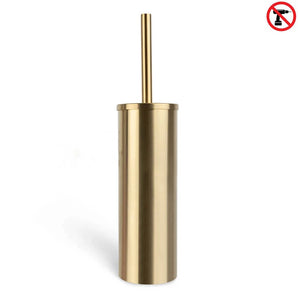 De Juano Gold WC Set (no-drill) van yessential.nl heeft een gouden, cilindervormige toiletborstelgarnituur met een bijpassende handgreep. Een rood "niet boren" pictogram rechtsboven benadrukt de eenvoudige installatie, tegen een effen witte achtergrond.