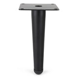 De Kenino Black 12cm van yessential.nl is een stevige zwart metalen meubelpoot met een taps toelopende cilindrische vorm, een rechthoekige montageplaat met vier schroefgaten en een afgerond uiteinde - perfect als stevige stalen meubelpootjes voor moderne meubels.