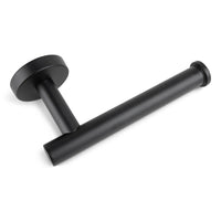 De Tino Black van yessential.nl is een matzwarte wandclosethouder met een minimalistische ronde basis en rechte stang - ideaal als aanvulling op matzwarte toiletaccessoires.