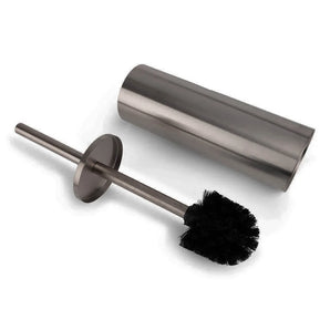 De Tapio Gunmetal WC Set (no-drill) van yessential.nl heeft een zwarte toiletborstel met een roestvrijstalen handvat en bijpassende houder - een elegante, moderne toevoeging aan elke badkamer.